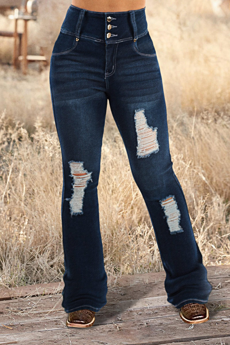 Wash Ripped Stitch Detail High Rise Bootcut Jeans Without Belt