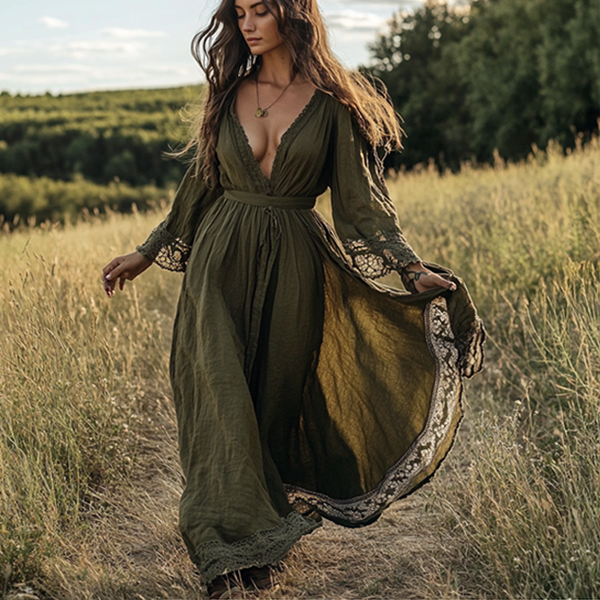 Ladies Vintage Hollow Lace Splicing Cotton And Linen V-neck Olive Green Rustic Boho Dress