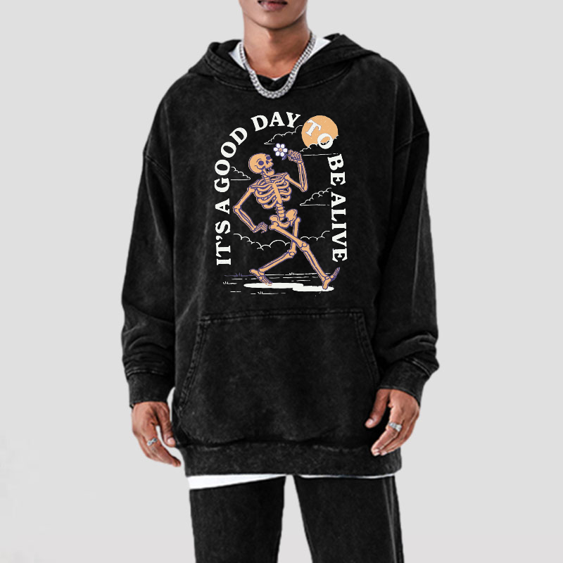 Good Day Unisex Printed Casual Washed Hoodie Sweatshirt
