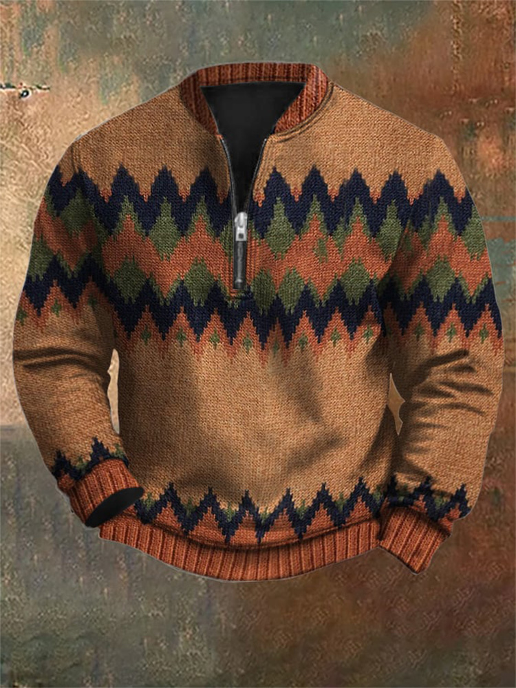 Men's Vintage Printed Casual Zipper Sweatshirt