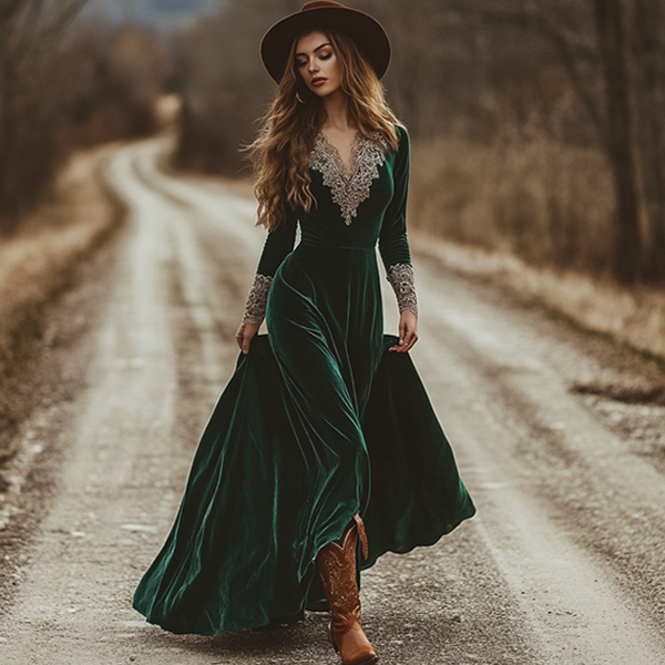 Women's Western Cowboy Emerald Green Chest Strap Lace Bohemian Style Velvet Dress