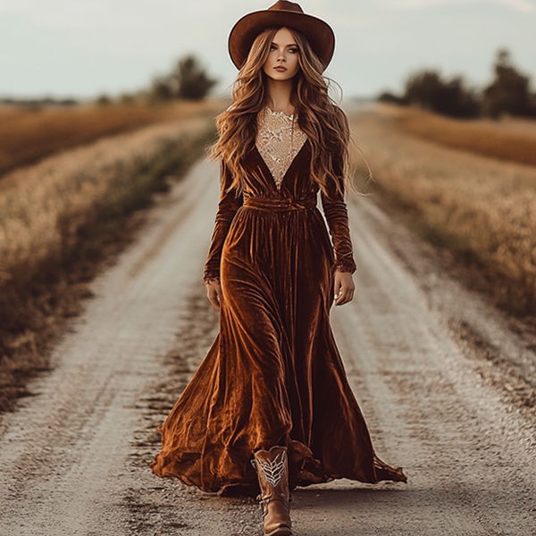 Women's Western Cowboy Brown Deep V-neck Lace Velvet Dress