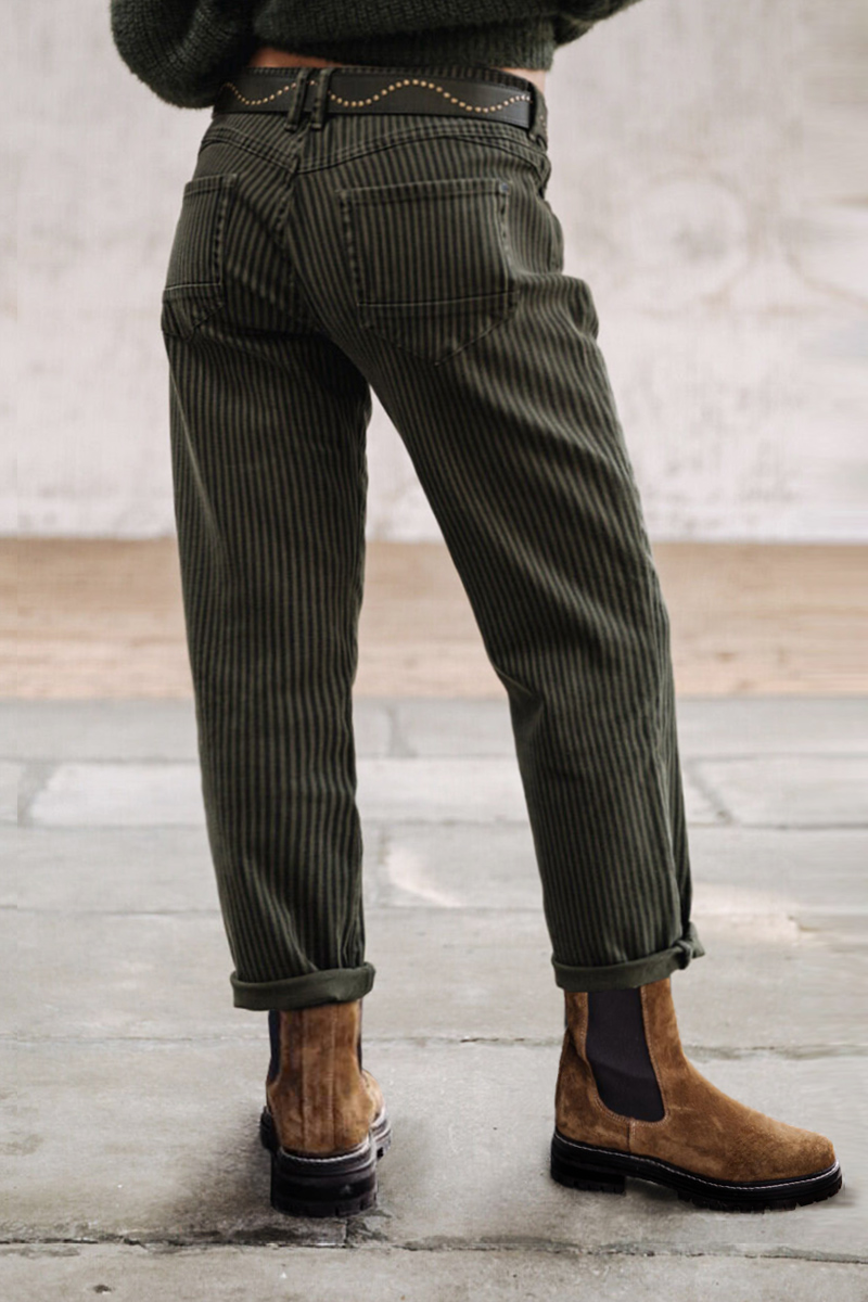 Stripe Mid Waist Straight Leg Pants Without Belt