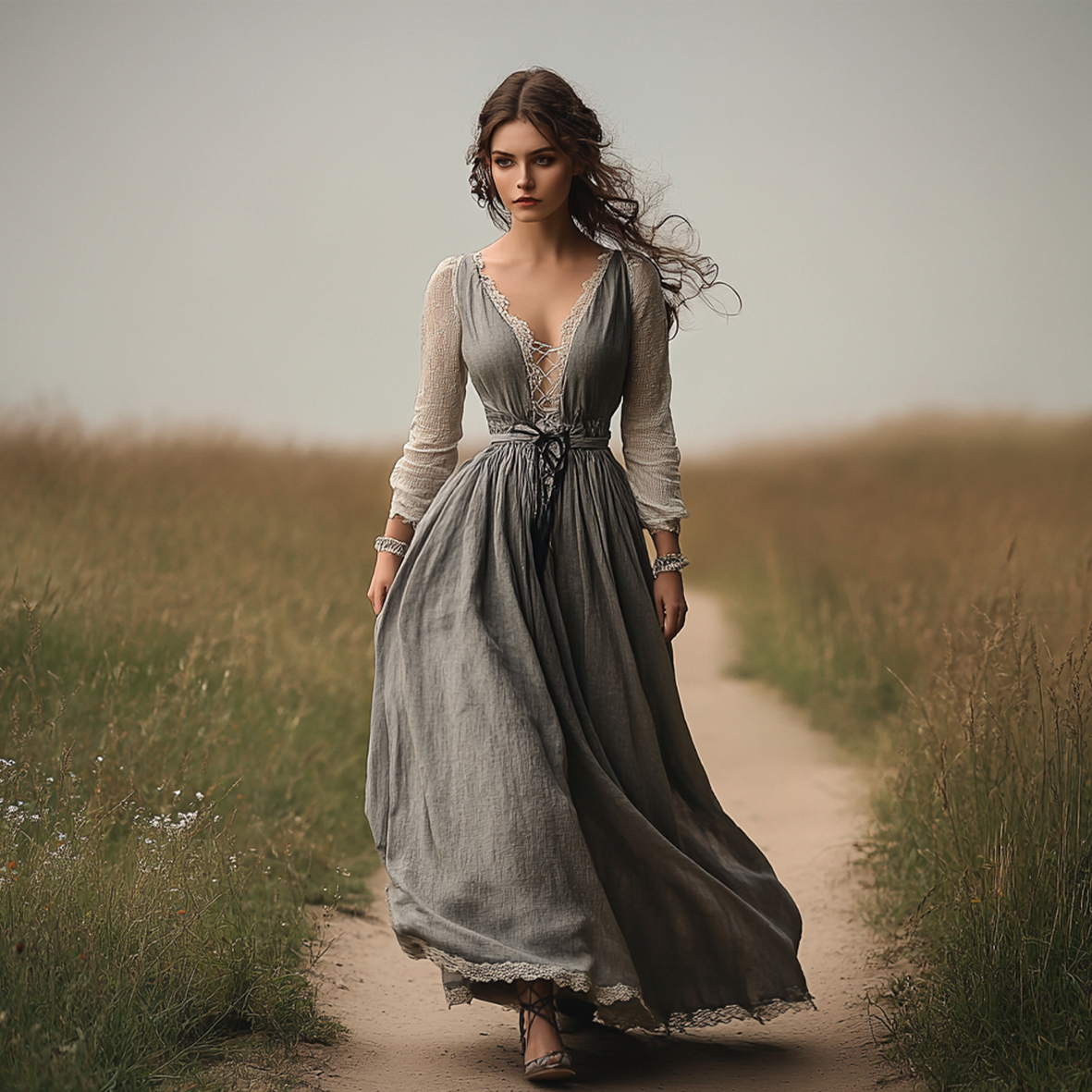 Ladies Vintage Lace-up Patchwork Puffed Sleeve Western Style Cotton And Linen Rustic Boho Dress