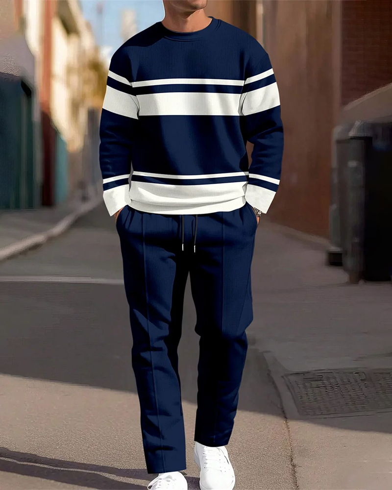 Men's Navy Blue Simple Round Neck Casual Sports Set 044