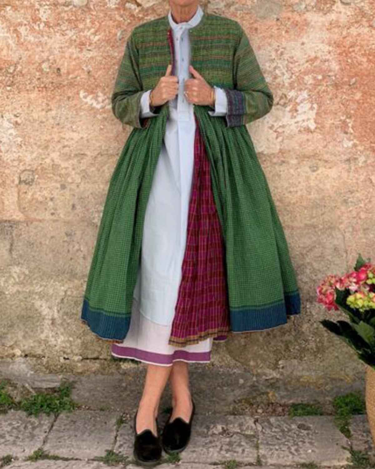 Green Plaid Cotton Linen Cardigan Dress