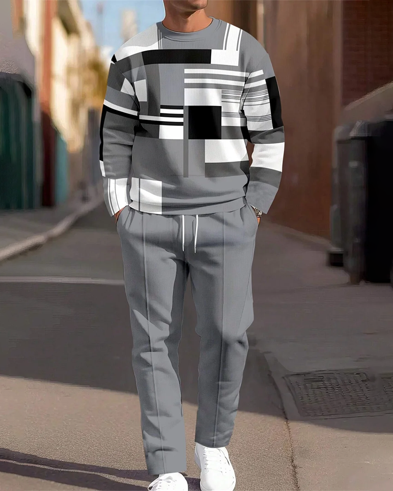 Men's Simple Colorblock Round Neck Casual Sports Set 051