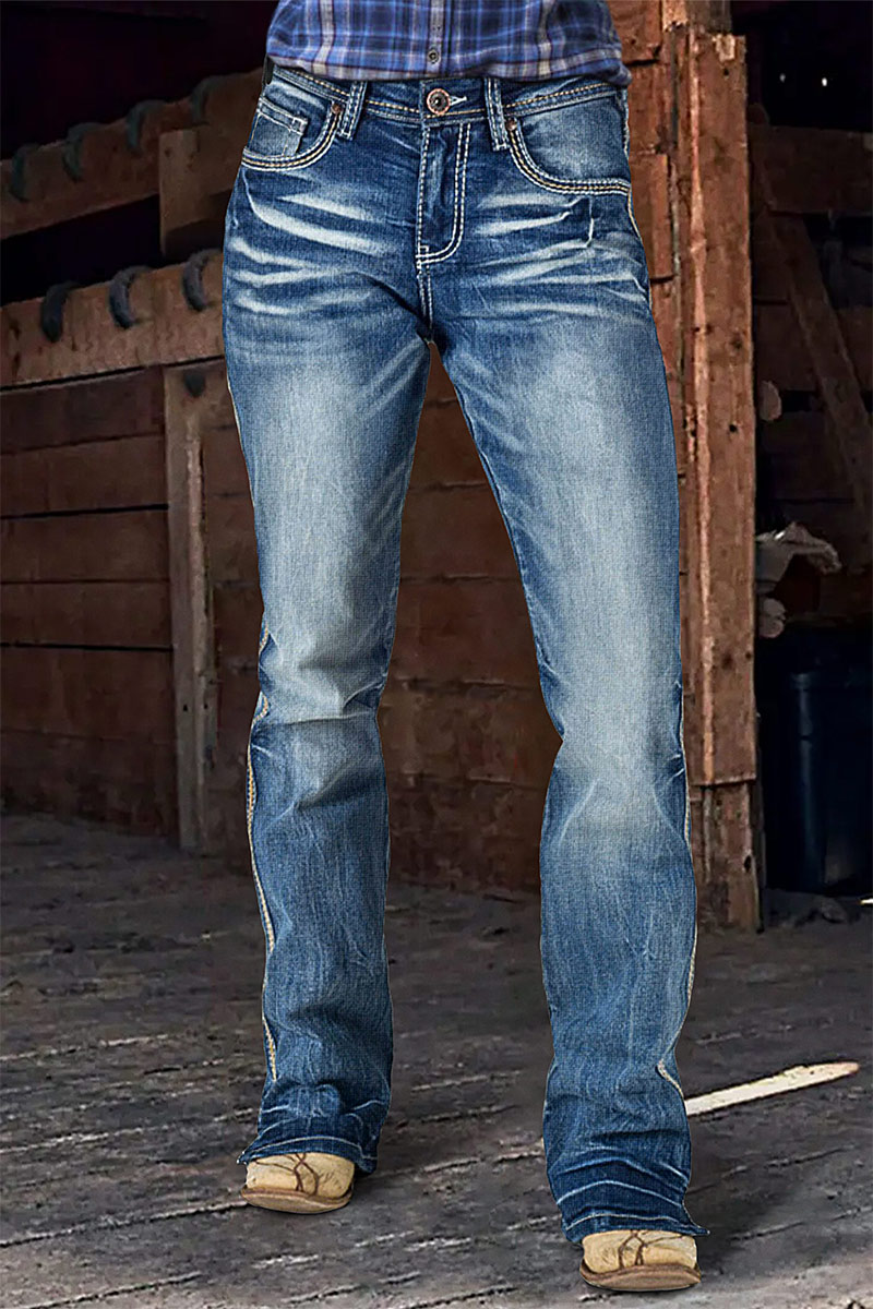 Wash Contrast Stitch Split Hem Mid Rise Bootcut Jeans Without Belt