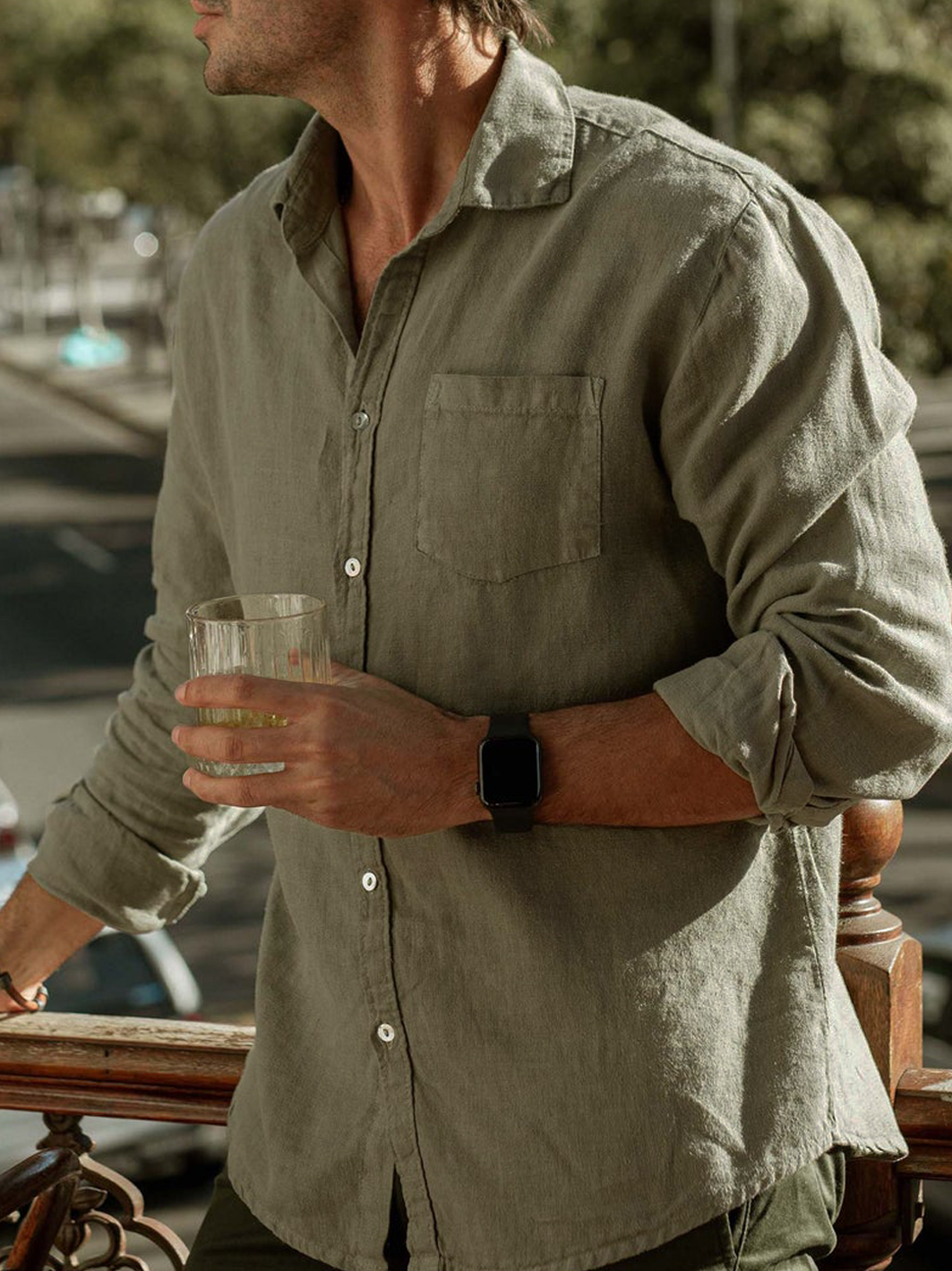 Cotton and Linen Chest Pocket Long Sleeve Shirt
