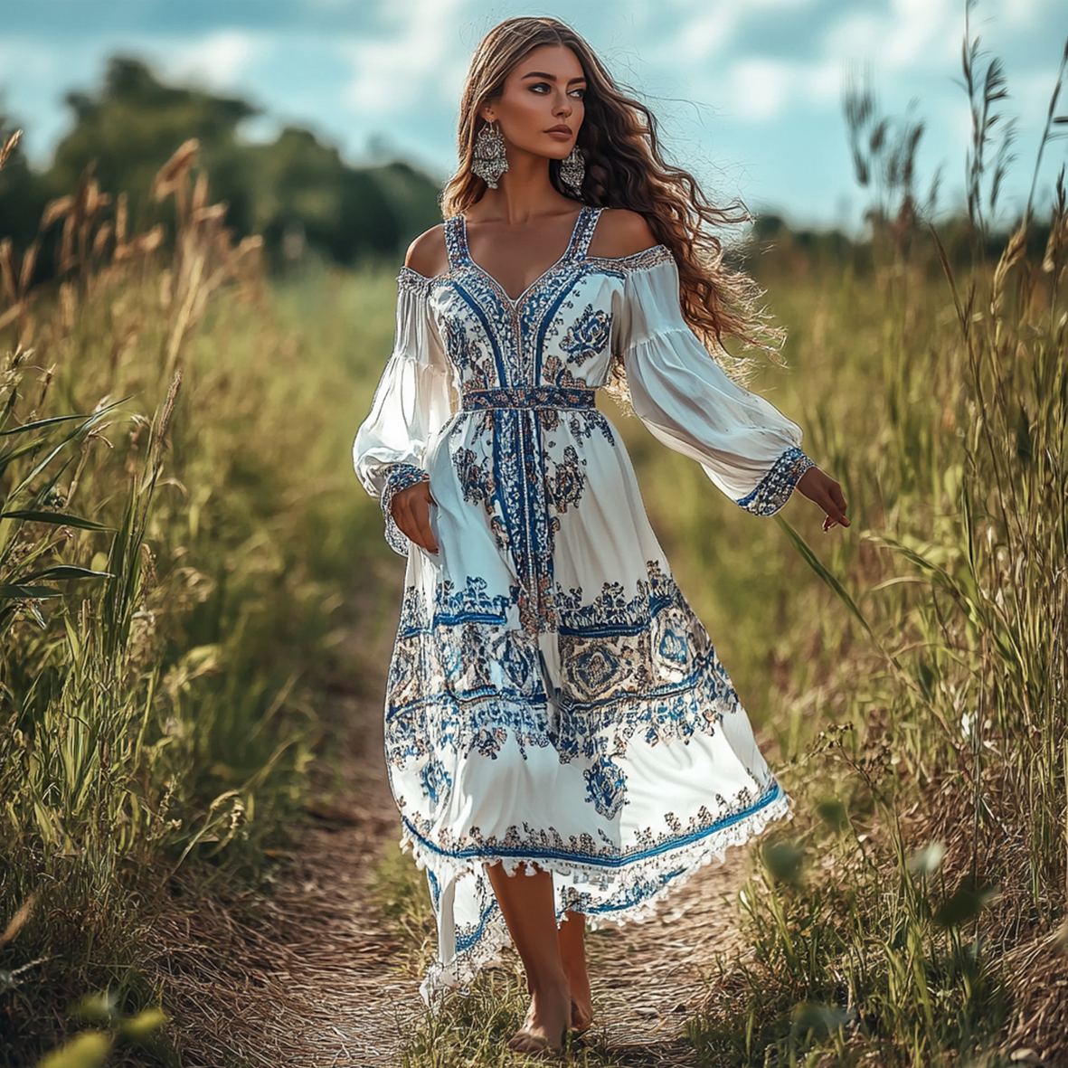 Ladies Vintage Ethnic Print Halter Lace White Rustic Boho Dress