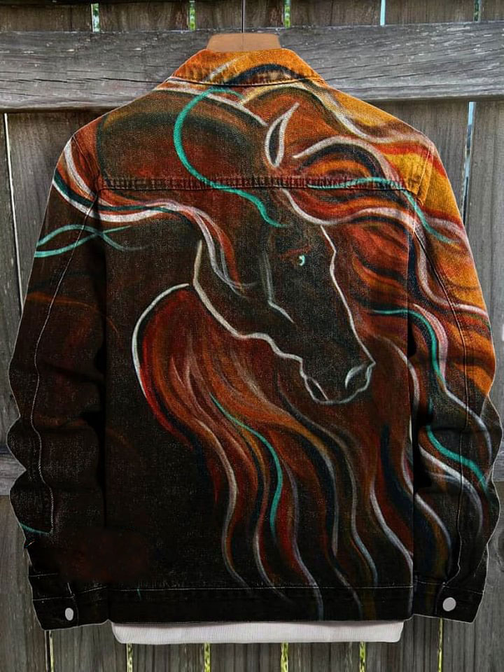 Retro Brown Horse with Long Mane Art Print Casual Denim Jacket