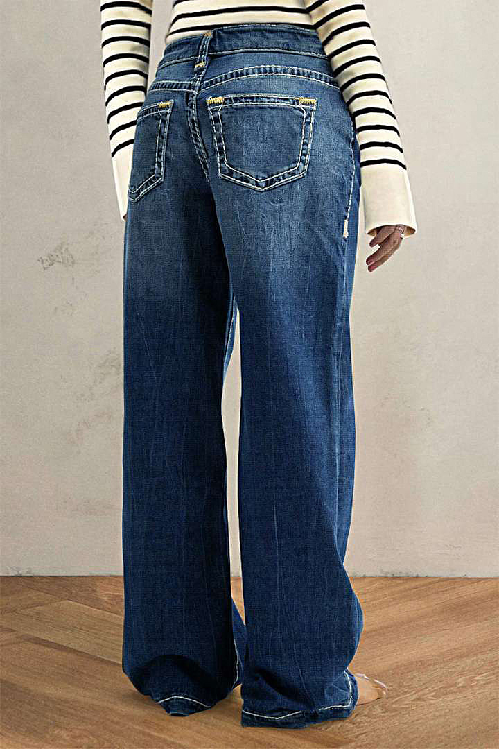Wash Stitch Detail Mid Rise Wide Leg Jeans