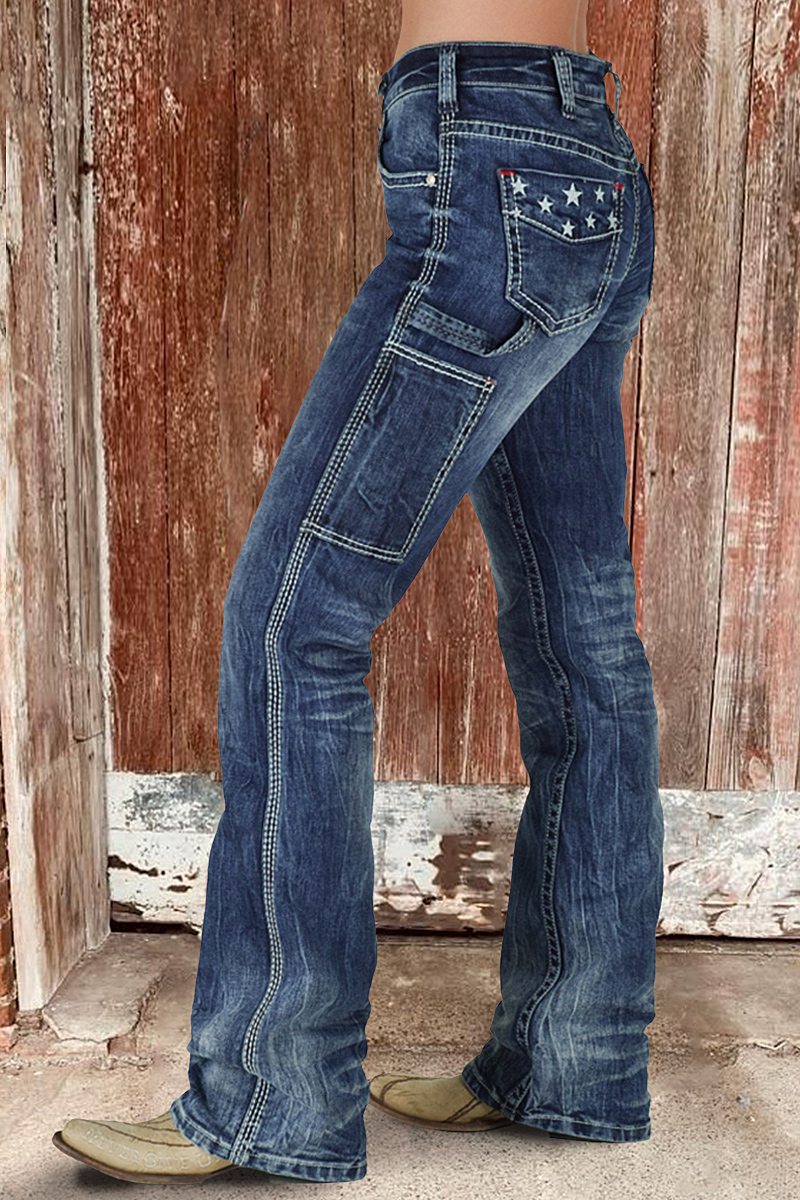 Wash Star Embroidery Mid Rise Bootcut Carpenter Jeans