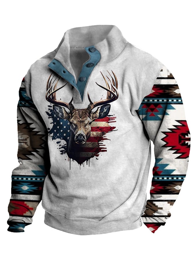 Men's Western Style Printed Stand Collar Button Sweatshirt