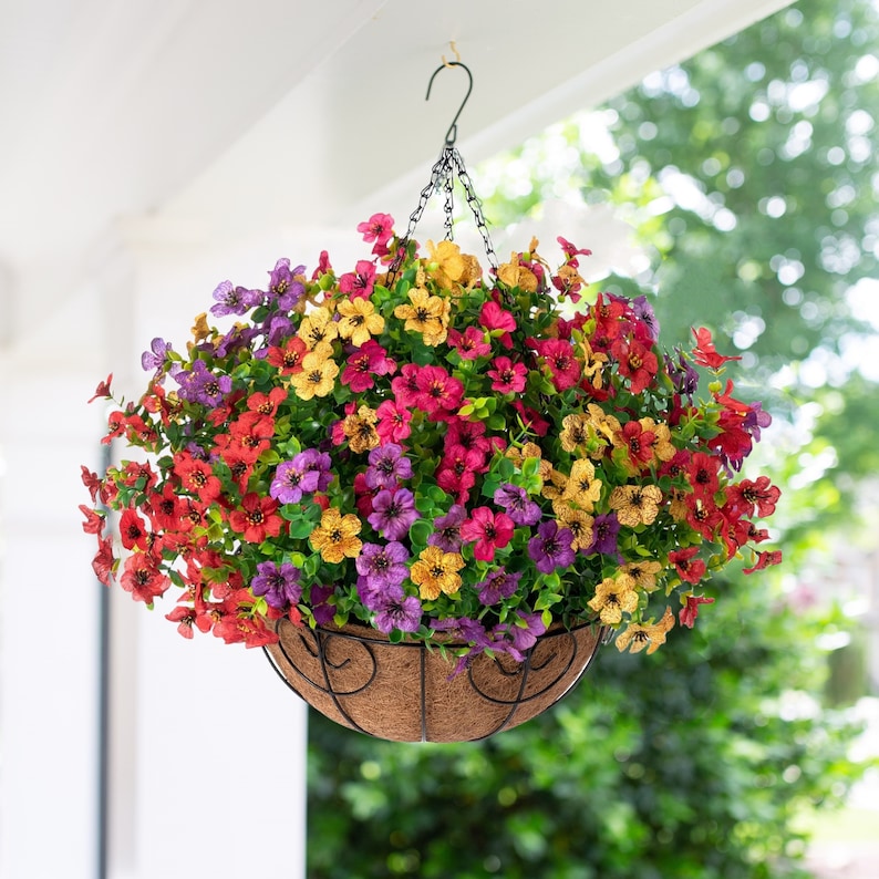 Artificial Faux Outdoor Hanging Flowers Plants Basket, Fake Silk Hang 