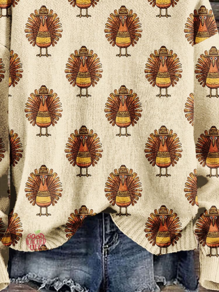 Thanksgiving Turkey Art Print Knit Pullover Sweater