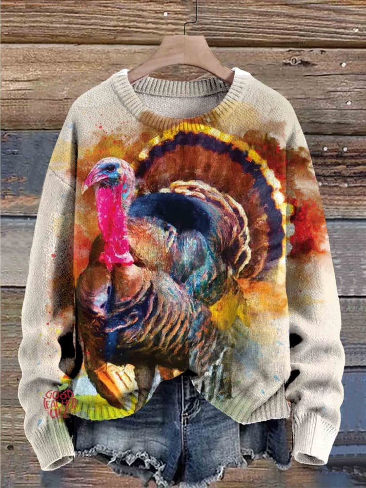 Watercolor Style Art Crew Neck Fashion Retro Casual Printed Sweater