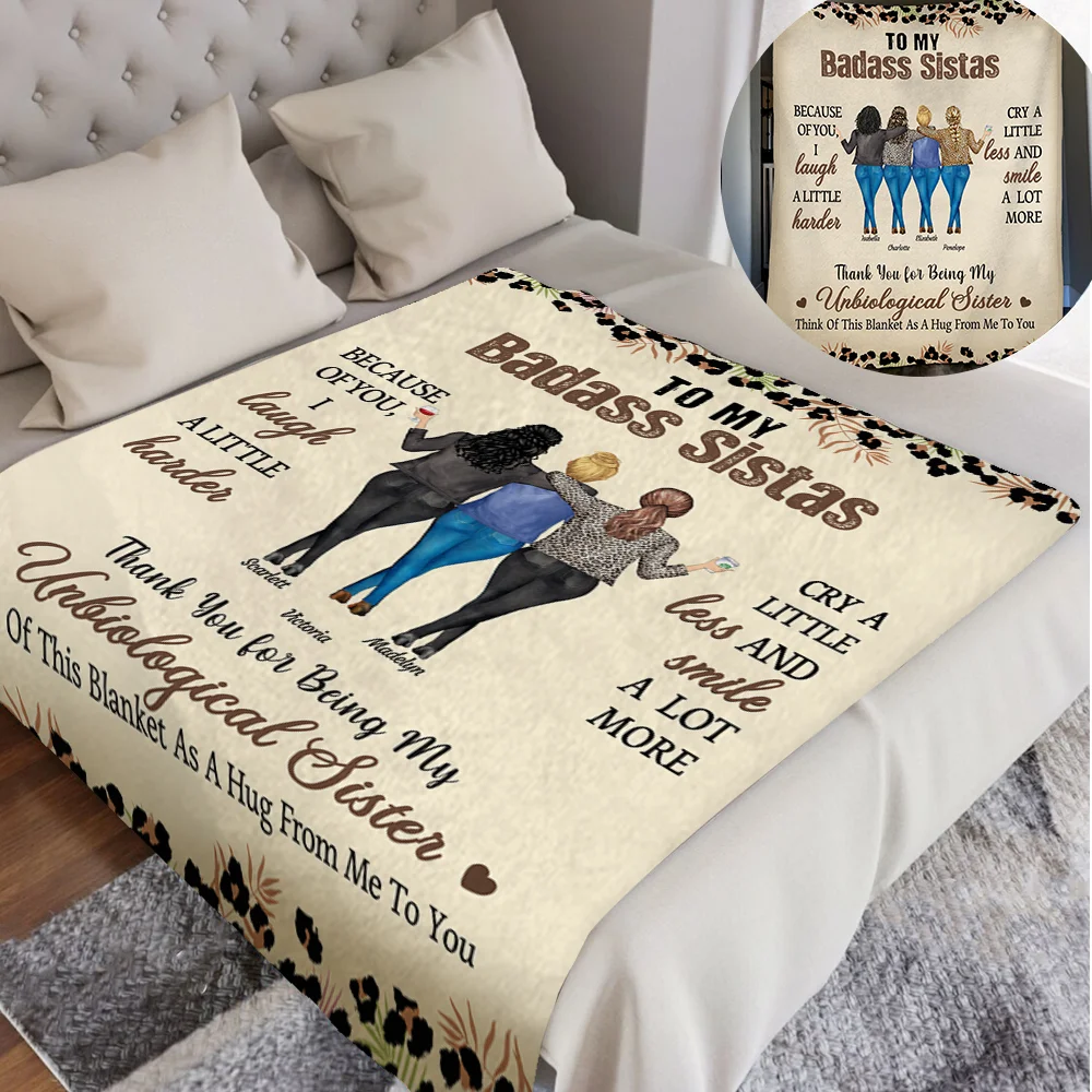 Personalized Leopard Print 2-4 Cartoon Characters Soft Throw Blanket with Name Home Decor Birthday Gift for Sisters Besties