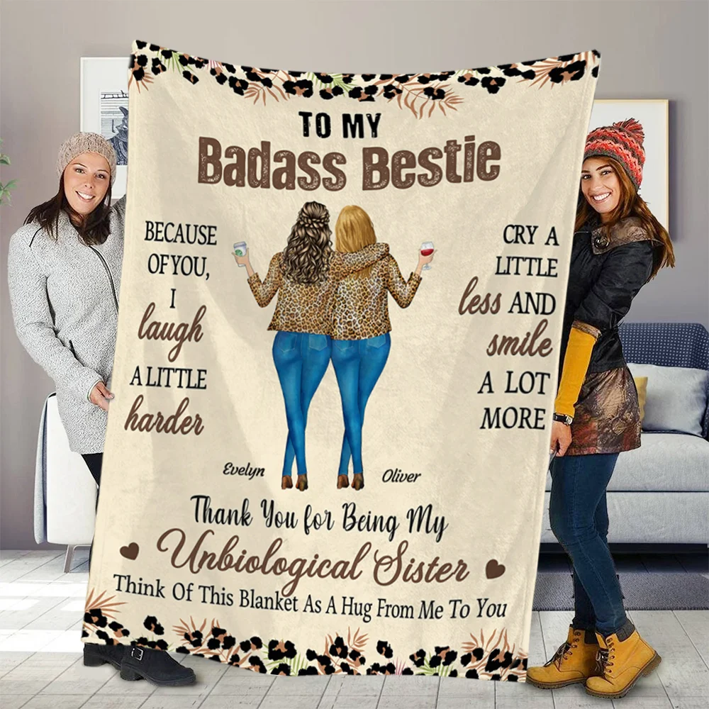 Personalized Leopard Print 2-4 Cartoon Characters Soft Throw Blanket with Name Home Decor Birthday Gift for Sisters Besties