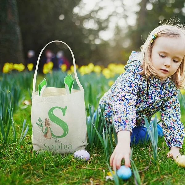 Personalized Cute Peter Rabbit Bunny Ears Bucket Bag with Initial and Name Easter Egg Hunt Basket Birthday Party Favors Gift for Kids