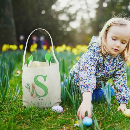 Personalized Cute Peter Rabbit Bunny Ears Bucket Bag with Initial and Name Easter Egg Hunt Basket Birthday Party Favors Gift for Kids