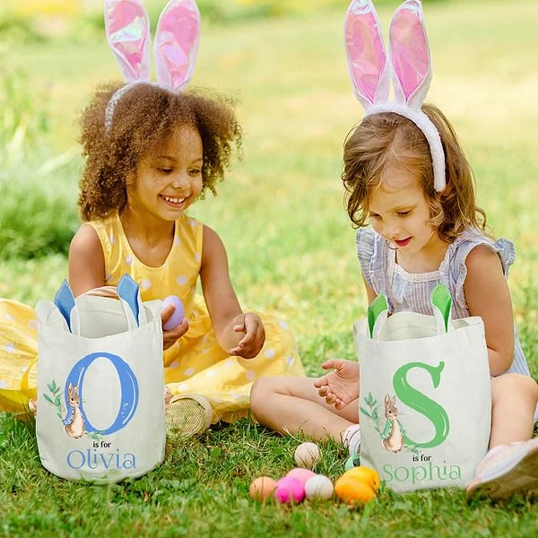Personalized Cute Peter Rabbit Bunny Ears Bucket Bag with Initial and Name Easter Egg Hunt Basket Birthday Party Favors Gift for Kids