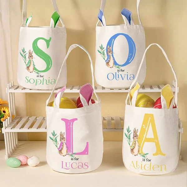 Personalized Cute Peter Rabbit Bunny Ears Bucket Bag with Initial and Name Easter Egg Hunt Basket Birthday Party Favors Gift for Kids