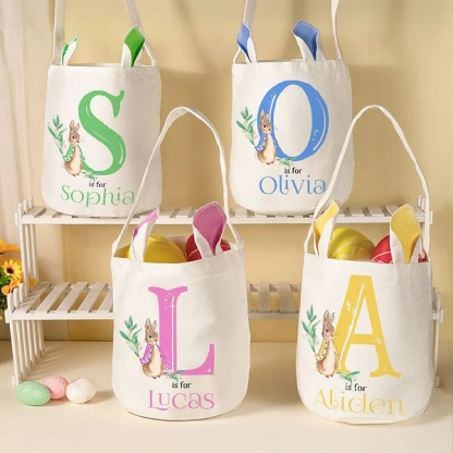 Personalized Cute Peter Rabbit Bunny Ears Bucket Bag with Initial and Name Easter Egg Hunt Basket Birthday Party Favors Gift for Kids