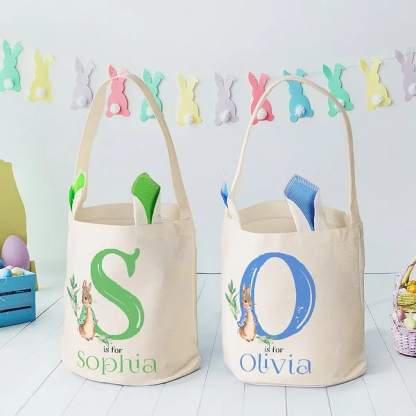 Personalized Cute Peter Rabbit Bunny Ears Bucket Bag with Initial and Name Easter Egg Hunt Basket Birthday Party Favors Gift for Kids