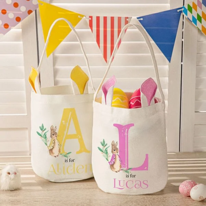 Personalized Cute Peter Rabbit Bunny Ears Bucket Bag with Initial and Name Easter Egg Hunt Basket Birthday Party Favors Gift for Kids