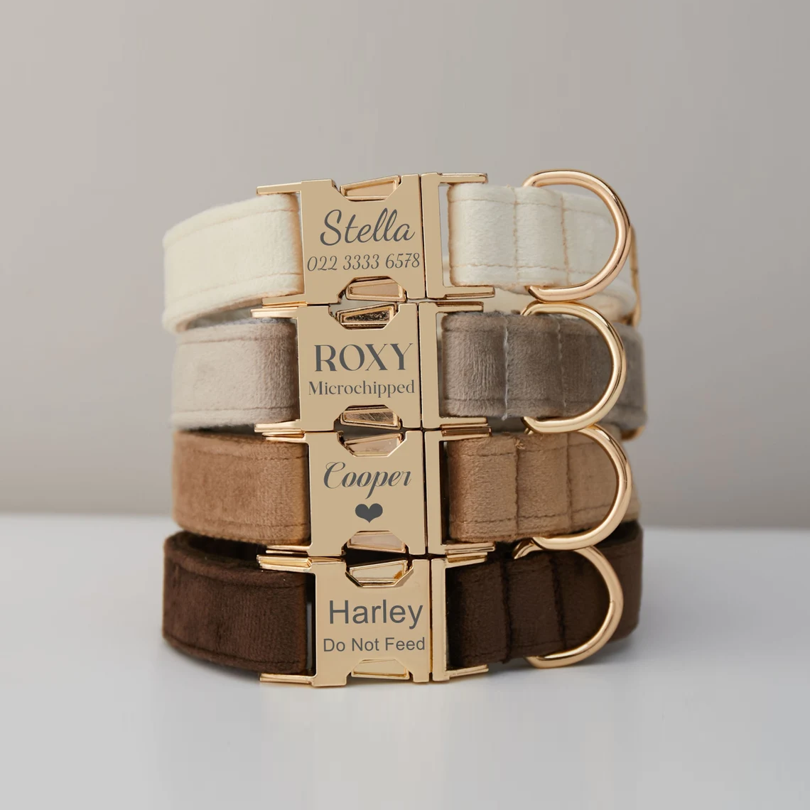 Multiple Colour Velvet Personalise Dog Collar Leash Set with Bow,Brown+Grey+White,Engraved Pet Name Plate Metal Buckle,Wedding Puppy Gift