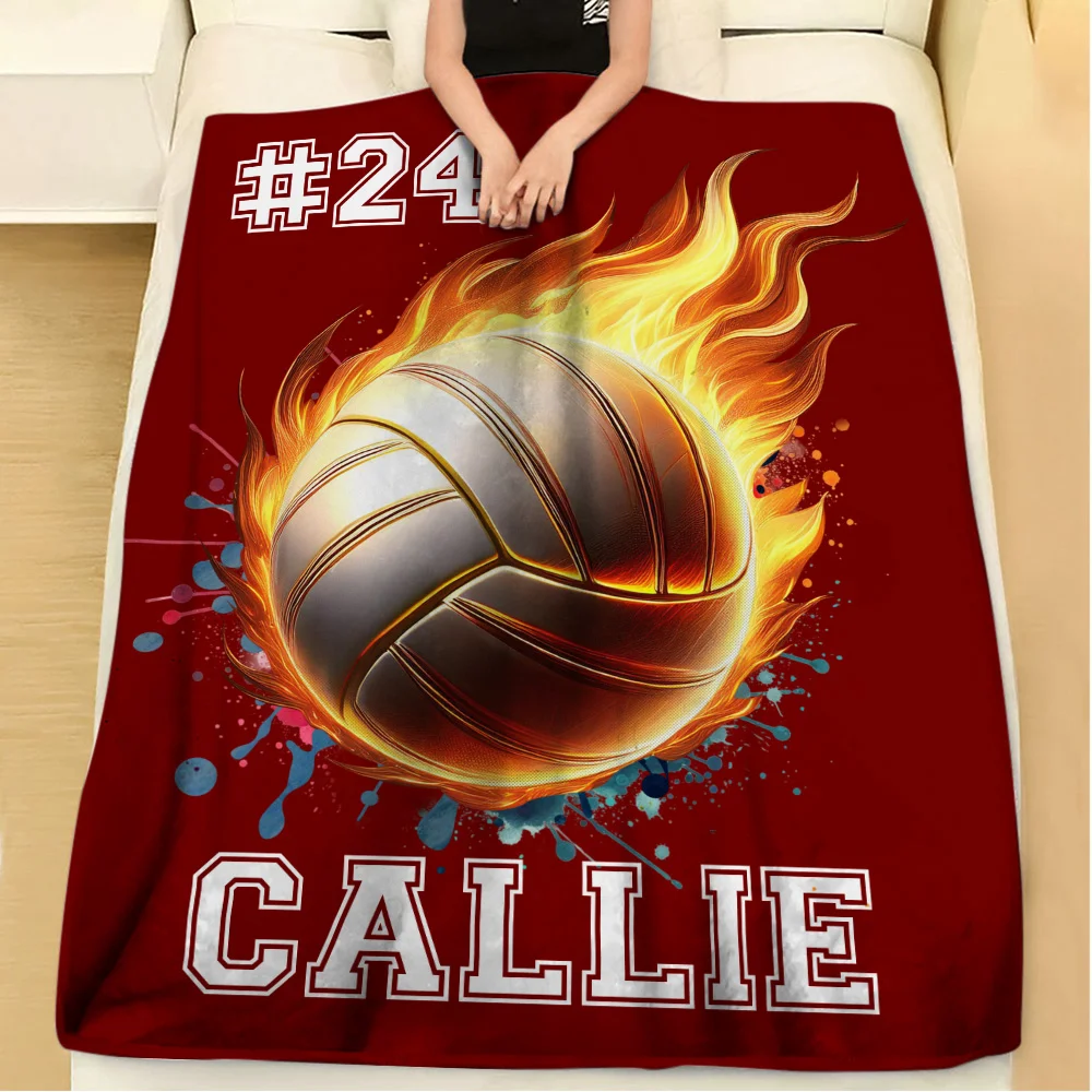 Personalized Flaming Basketball Football Sports Ball Design Soft Throw Blanket with Name and Number Birthday Match Day Gift for Team Ball Games Lovers