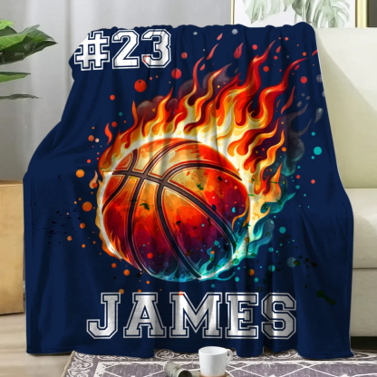 Personalized Flaming Basketball Football Sports Ball Design Soft Throw Blanket with Name and Number Birthday Match Day Gift for Team Ball Games Lovers