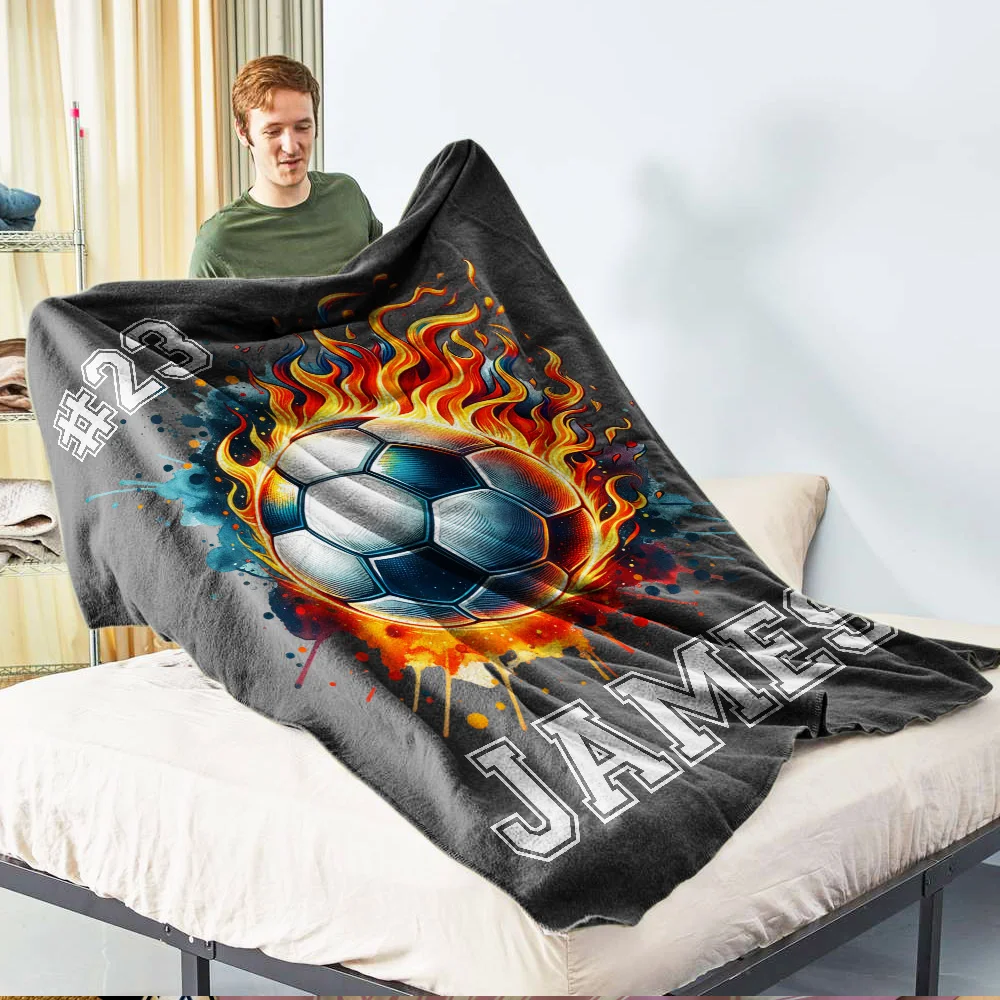Personalized Flaming Basketball Football Sports Ball Design Soft Throw Blanket with Name and Number Birthday Match Day Gift for Team Ball Games Lovers