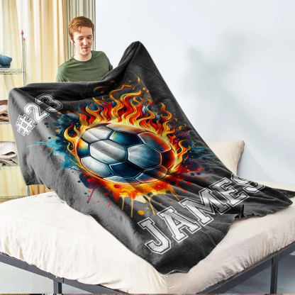 Personalized Flaming Basketball Football Sports Ball Design Soft Throw Blanket with Name and Number Birthday Match Day Gift for Team Ball Games Lovers