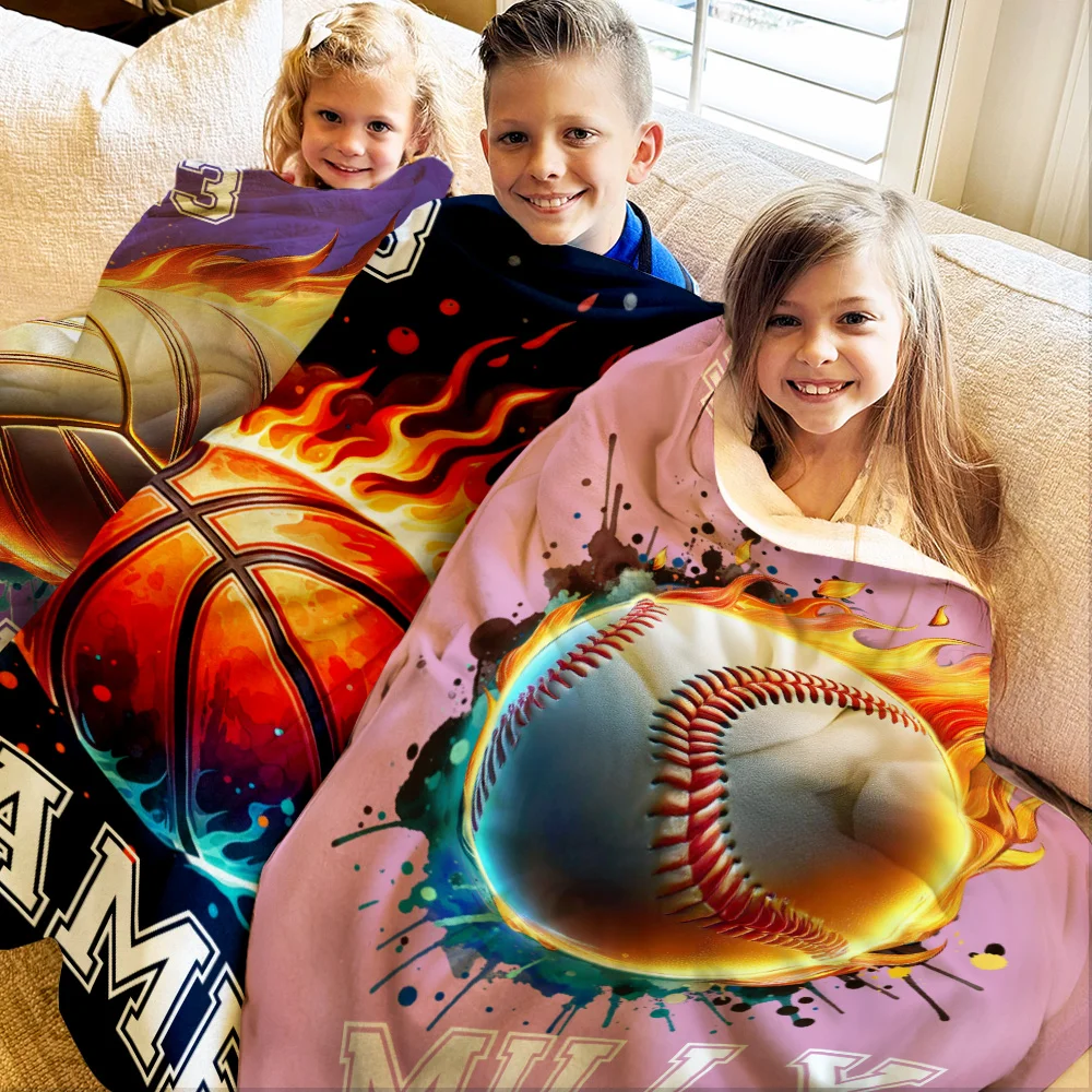 Personalized Flaming Basketball Football Sports Ball Design Soft Throw Blanket with Name and Number Birthday Match Day Gift for Team Ball Games Lovers