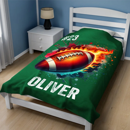 Personalized Flaming Basketball Football Sports Ball Design Soft Throw Blanket with Name and Number Birthday Match Day Gift for Team Ball Games Lovers