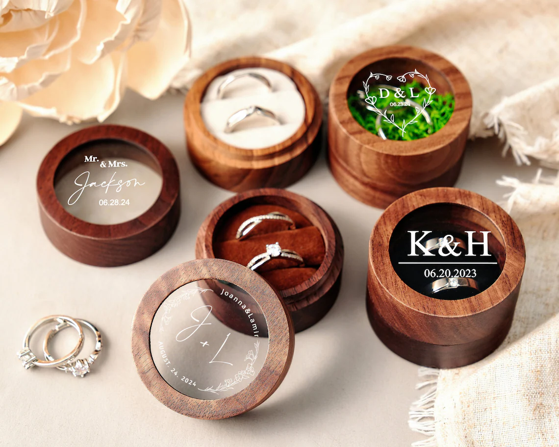Personalized Wooden Wedding Ring Box with Clear Acrylic Cover, Custom Engraved Engagement Proposal Holder, Bridal Gift For Her