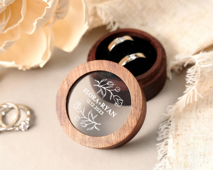Personalized Wooden Wedding Ring Box with Clear Acrylic Cover, Custom Engraved Engagement Proposal Holder, Bridal Gift For Her
