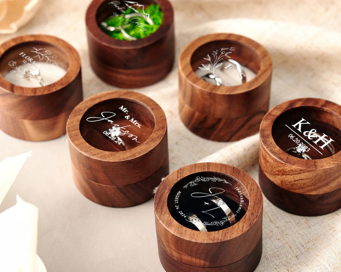 Personalized Wooden Wedding Ring Box with Clear Acrylic Cover, Custom Engraved Engagement Proposal Holder, Bridal Gift For Her