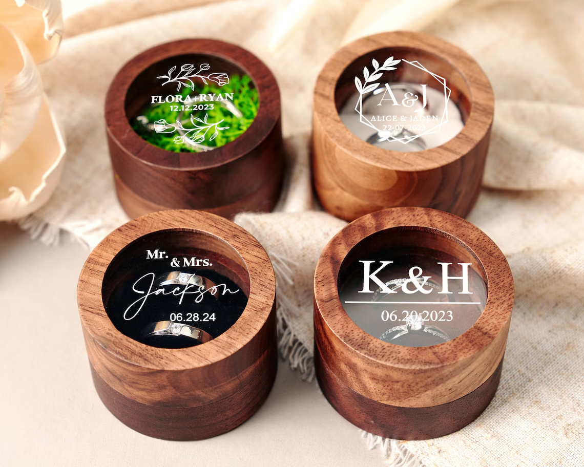 Personalized Wooden Wedding Ring Box with Clear Acrylic Cover, Custom Engraved Engagement Proposal Holder, Bridal Gift For Her