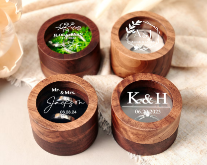 Personalized Wooden Wedding Ring Box with Clear Acrylic Cover, Custom Engraved Engagement Proposal Holder, Bridal Gift For Her