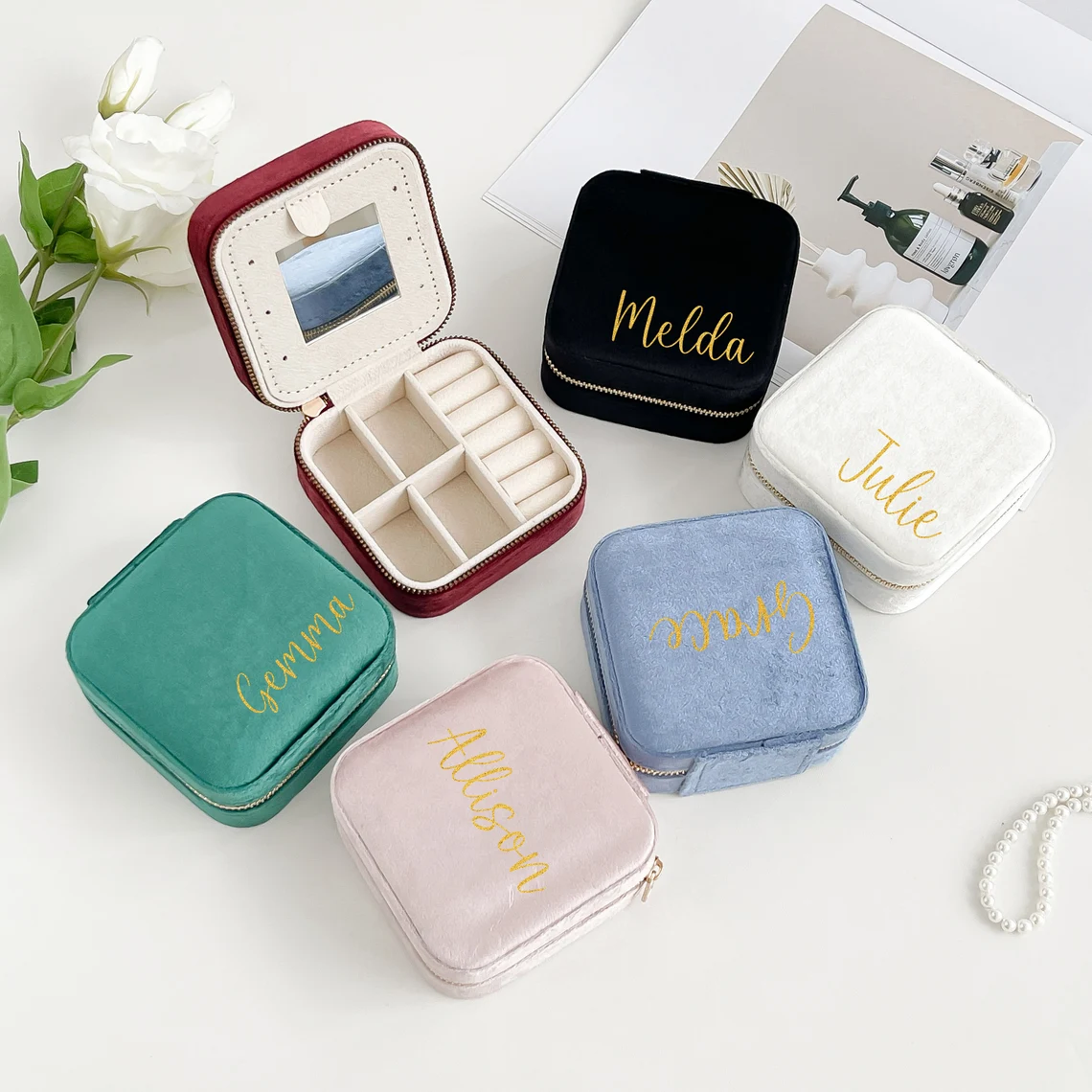 Travel Jewelry Case/ Velvet surface jewelry box Jewelry case/ Personalized Bridesmaid Proposal Gift/ Bridal Party Gifts/ Gifts for Women