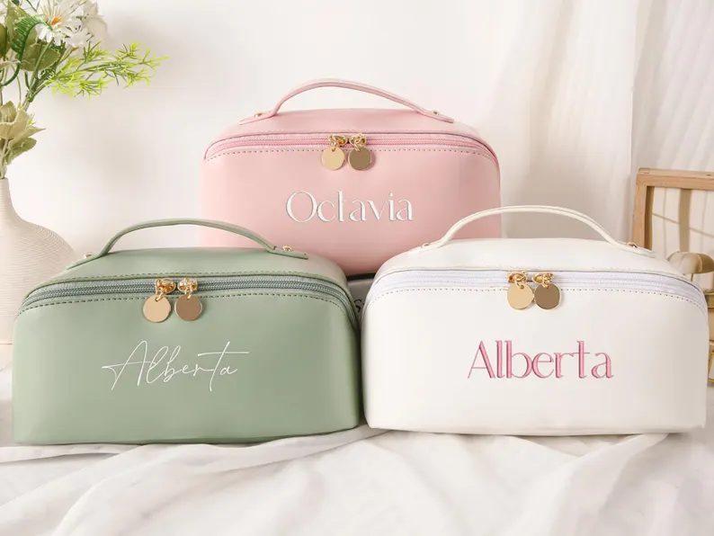 Personalized Leather Embroidered Makeup Bag, Bride Large Cosmetic Bag, Mothers Day Gift, Bridesmaid Makeup Organizer, Bridesmaid Gifts
