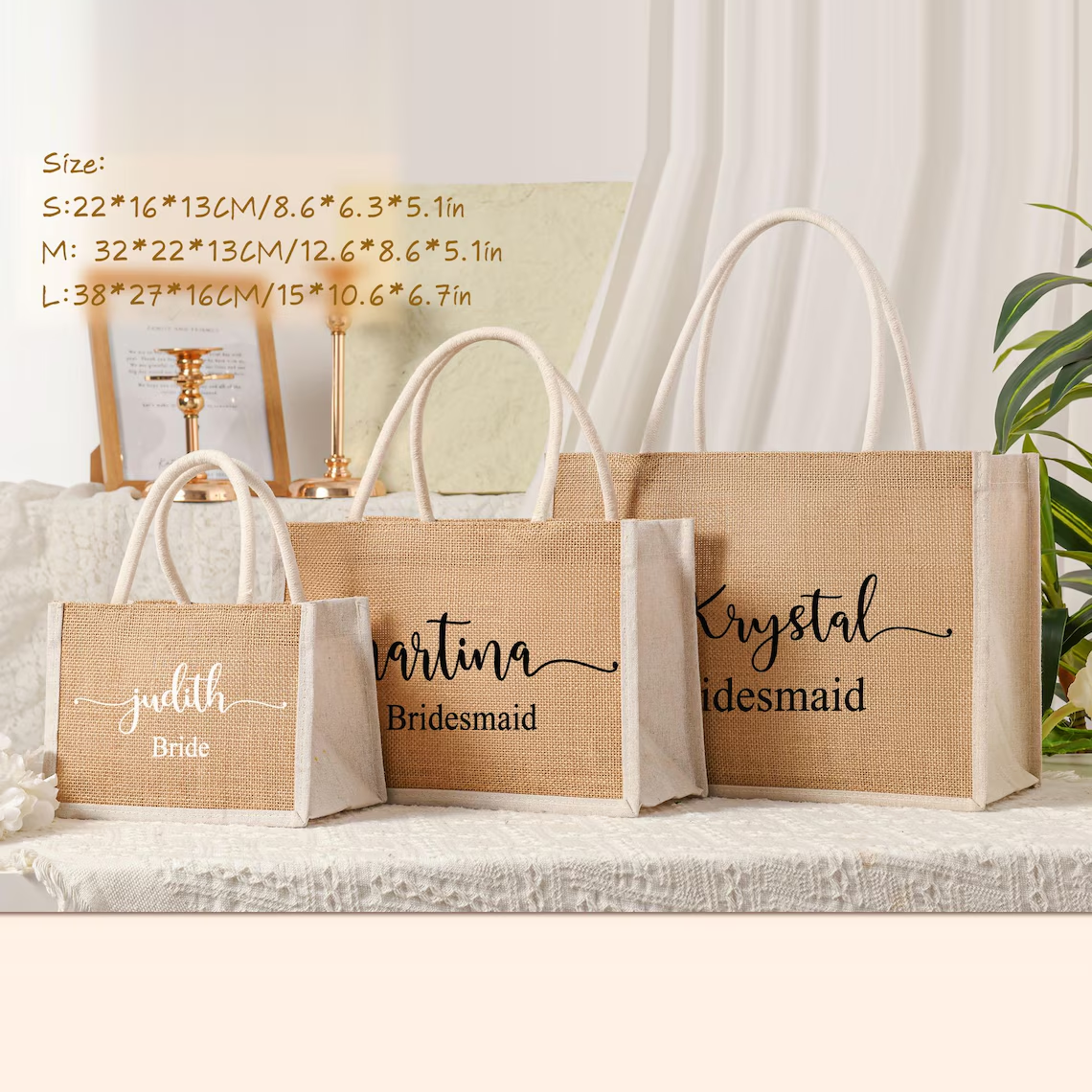 Personalized Bridesmaid Gift Bag with charm,Custom Burlap gift Bag,Beach tote bag,Bachelorette Party Bag, Bridesmaid Proposal Gift,Beach Bag