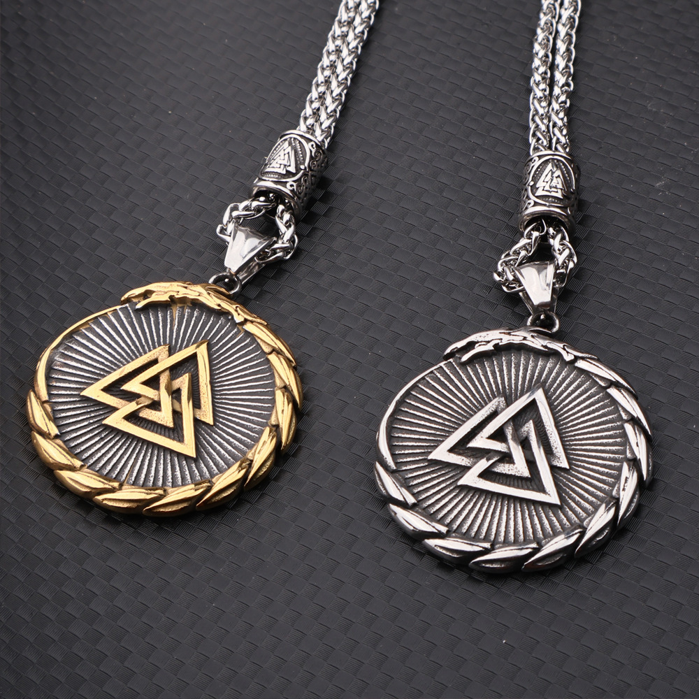Viking Triangle Rune Dragon Round Pendant Necklace