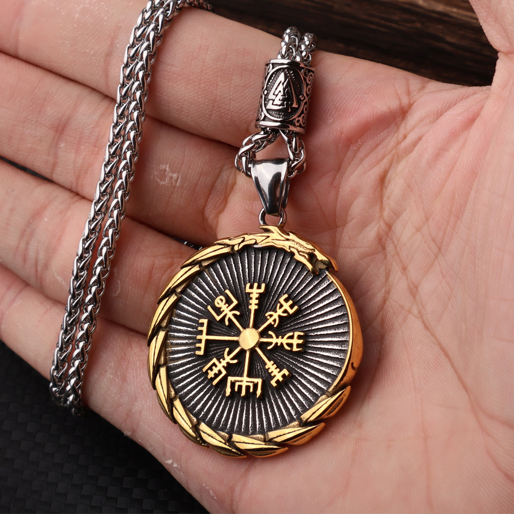 Viking Triangle Rune Dragon Round Pendant Necklace