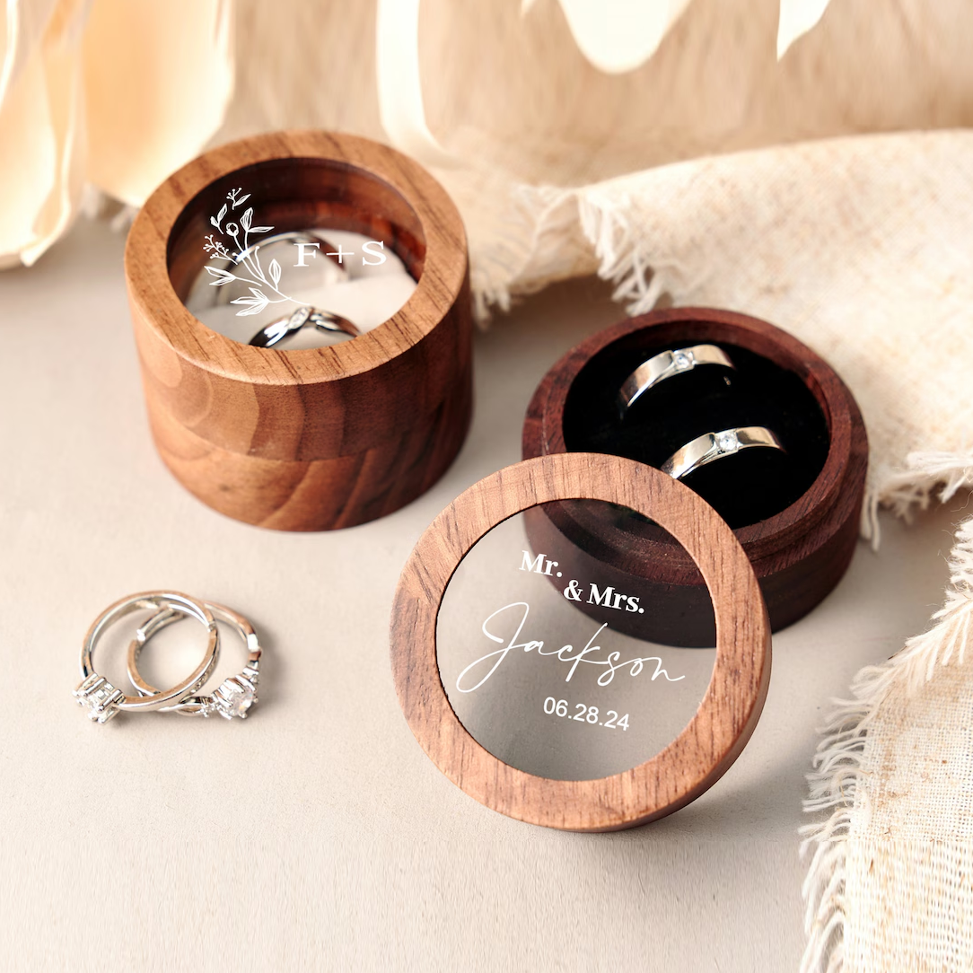 Personalized Wooden Wedding Ring Box with Clear Acrylic Cover, Custom Engraved Engagement Proposal Holder, Bridal Gift For Her