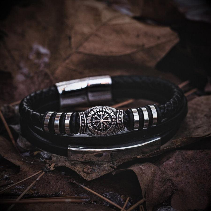 Runic Vegvisir Compass Leather Bracelet
