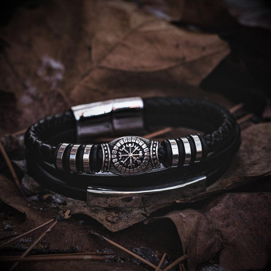 Runic Vegvisir Compass Leather Bracelet